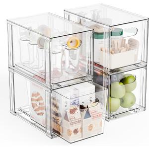 Yieach 4 Pack Large Stackable Storage Drawers,11Deep Under Cabinet Organizer,Baby Bottle Organizer,Clear Stacking Pull Out Drawer,Acrylic Storage Containers Bins for Organizing Snack,Medicine,Makeup