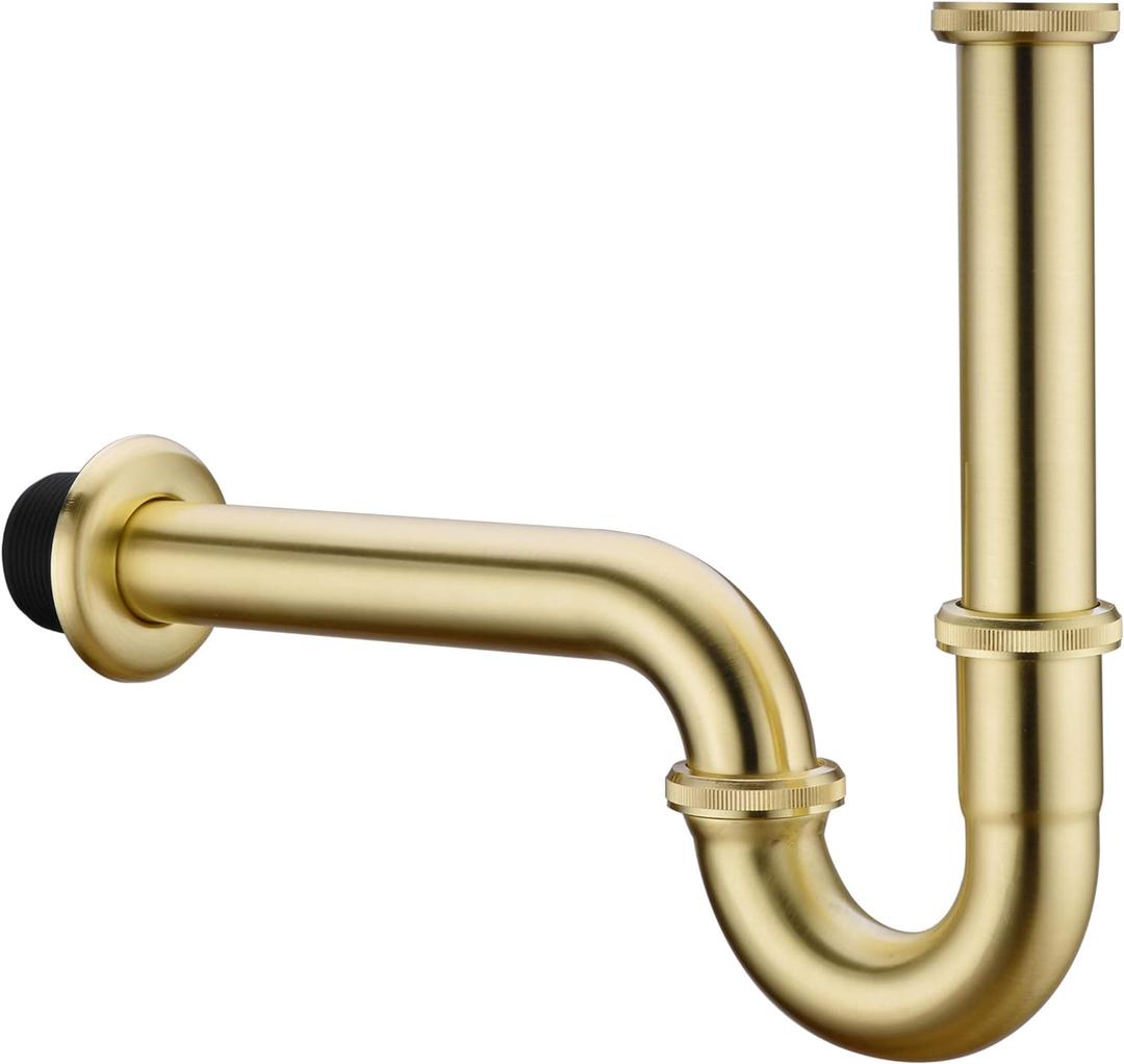 Brass P Trap, 1 1/4 Bathroom Basin Sink Waste Trap Drain Kit with Flange and Slip Joint Extension Tube Drain Tailpiece, Adjustable Height, Brushed Gold Brass Finish