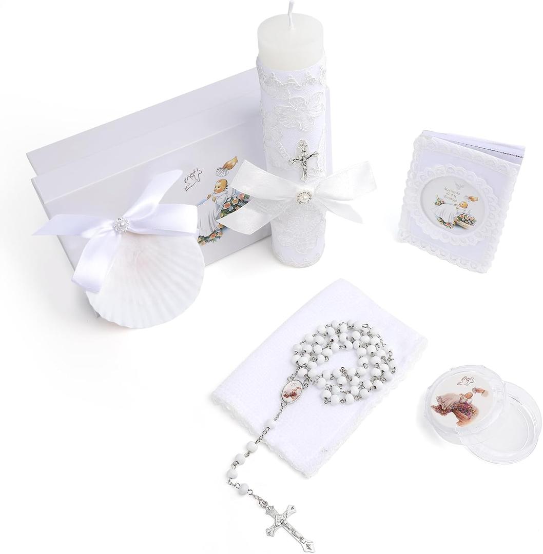 Baptism Candle Set for Boys Girls,5 PCS Baptism Kit Catholic Candle,Baptism Towel,Baptismal Shell,Rosary,Bible for Baby Dedication Christening Gift,Velas para Primera Comunin De Nio Bautizo De Nia