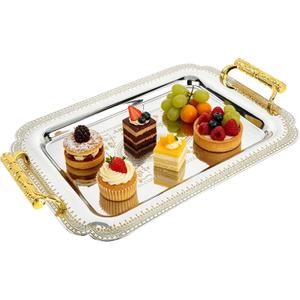 Alipis Stainless Steel Serving Tray Rectangle Vintage Fruit Snack Tray with Handle European Style Dessert Cake Tray Jewelry Plate for Restaurants Coffee Table Breakfast Drink Snack Decor