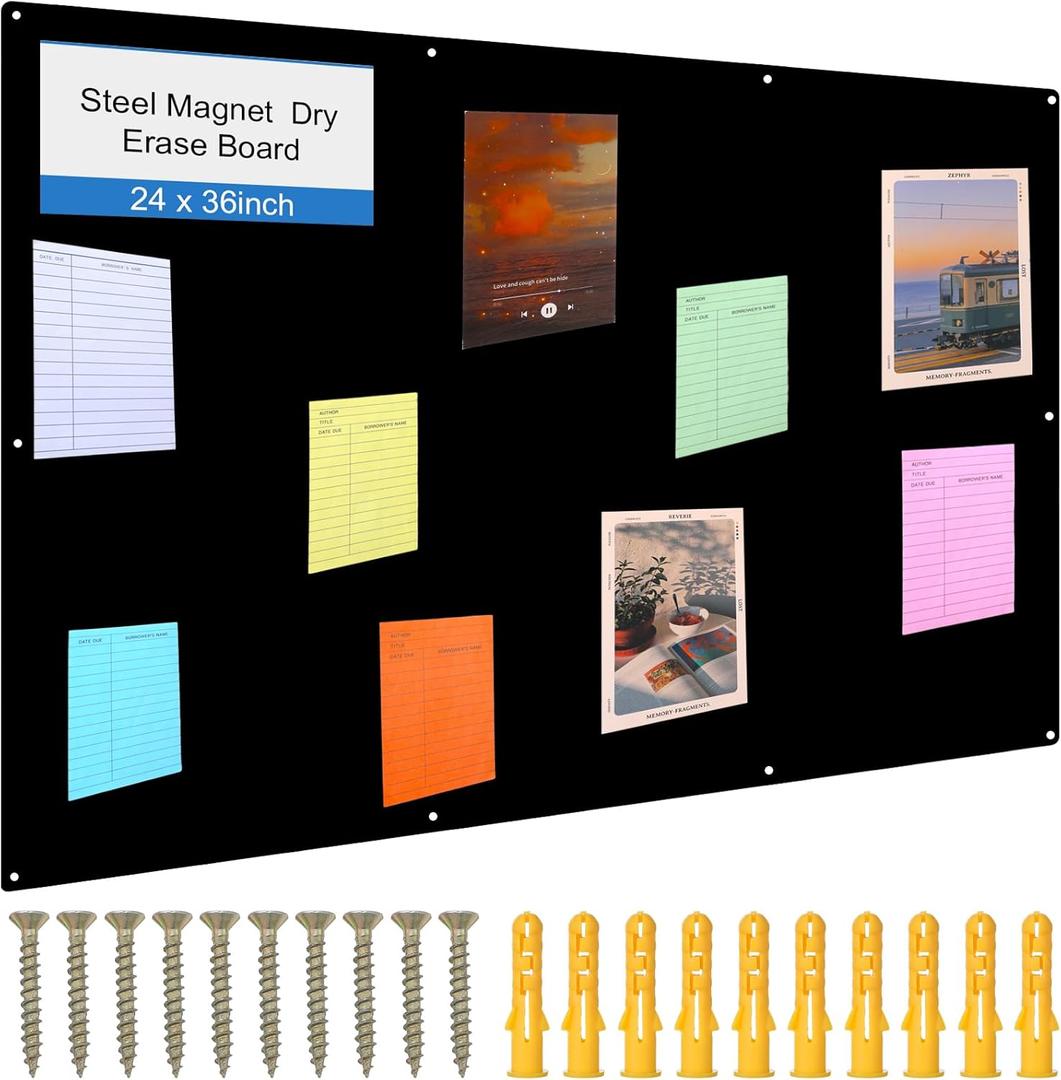 Ireer Magnetic Board Steel Magnet Bulletin Boards for Walls to Display Magnetic Notes Photos for Home Office Classroom, Pre Drilled with Screws and Dry Wet Erase Feature(Black,24 x 36 Inch)