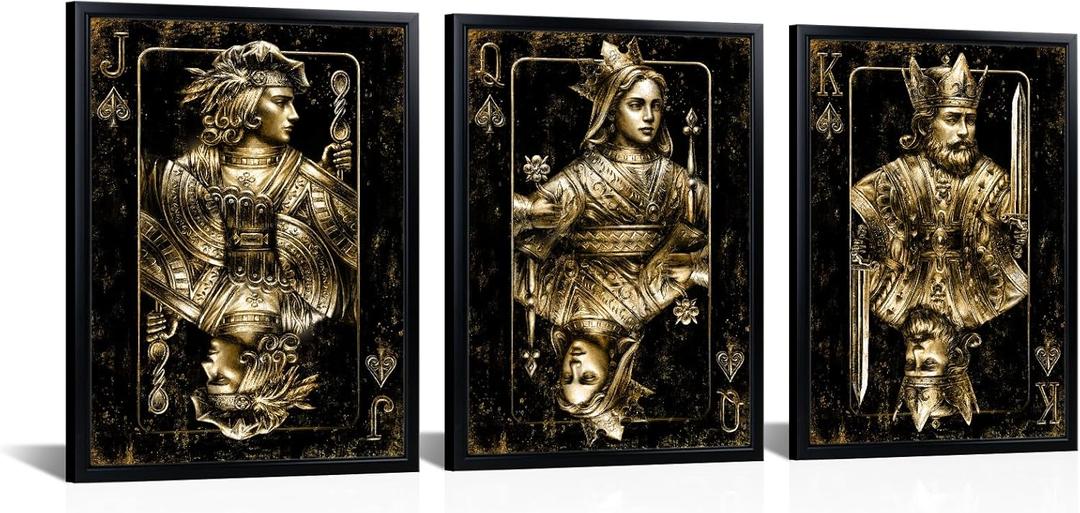 Visual Art Decor Game Room Decor Gaming Canvas Wall Art Playing Cards Painting Framed Print 12"x16"x3Pcs, Playroom Teen Boy Bedroom Decor (Gold)