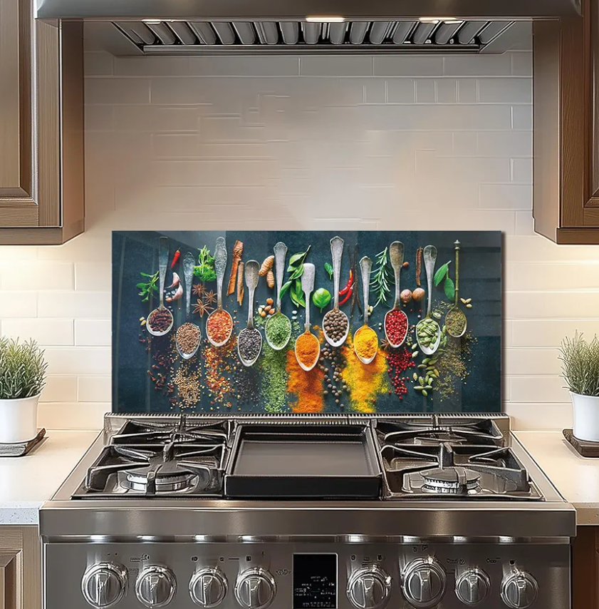 DAIFURONGE Spice Tempered Glass Backsplash For Kitchen Behind Stove,Stove Backsplash Top Cover,Easy to Clean Glass Splashback, Sink Cover Splash Guard,Home Kitchen Wall Decor (30"x14"(76.2x35.56cm))
