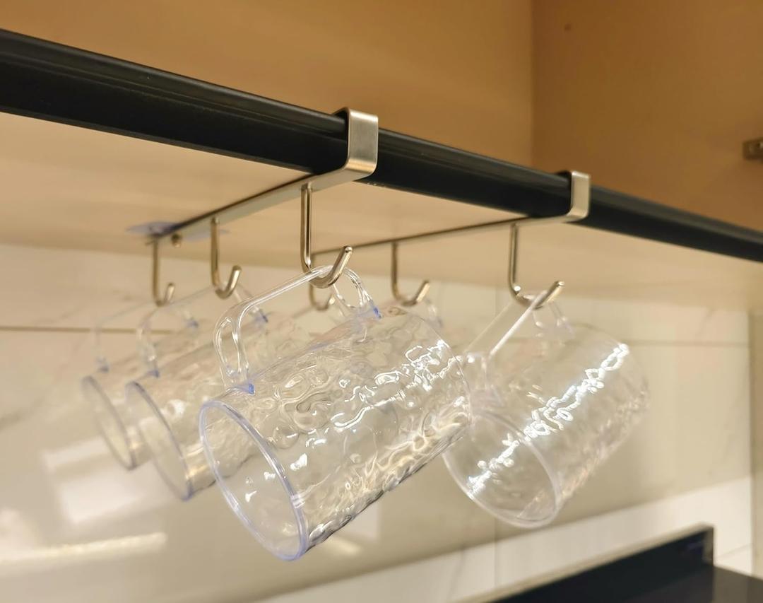 Mug Hooks Under Cabinet , 304 Stainless Steel Cup Hooks for Hanging Under Shelf, Mug Organizer Rack with 6 Hooks for Displaying Mugs, Coffee Cups and Kitchen Utensils,Fit for 0.8" or Less thickness (2 Pieces)