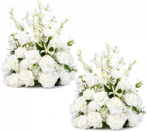 White Wedding Floral Arrangements, 23.6" Tall Free Standing Floor Flower Arrangement, Wedding Aisle Flowers for Ceremony, Large Floral Centerpiece for Entryway & Party Decor (2, White with leaves)