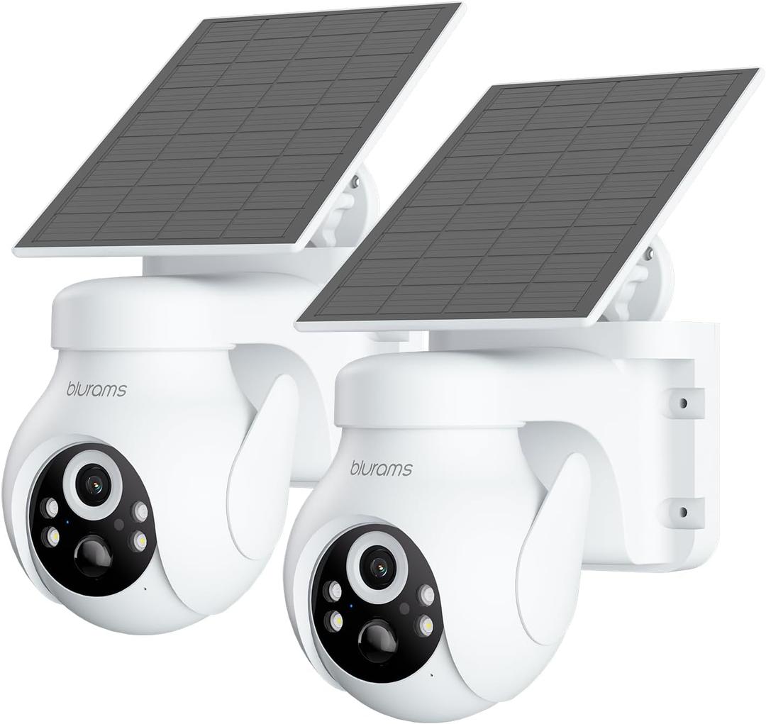 blurams 2K Solar Outdoor Camera Wireless, 360 PTZ Security Cameras Wireless Outdoor with Human Auto Tracking, R/Color Night Vision, Battery Powered, Compatible with Alexa, 2.4GHz Only, 2Pack