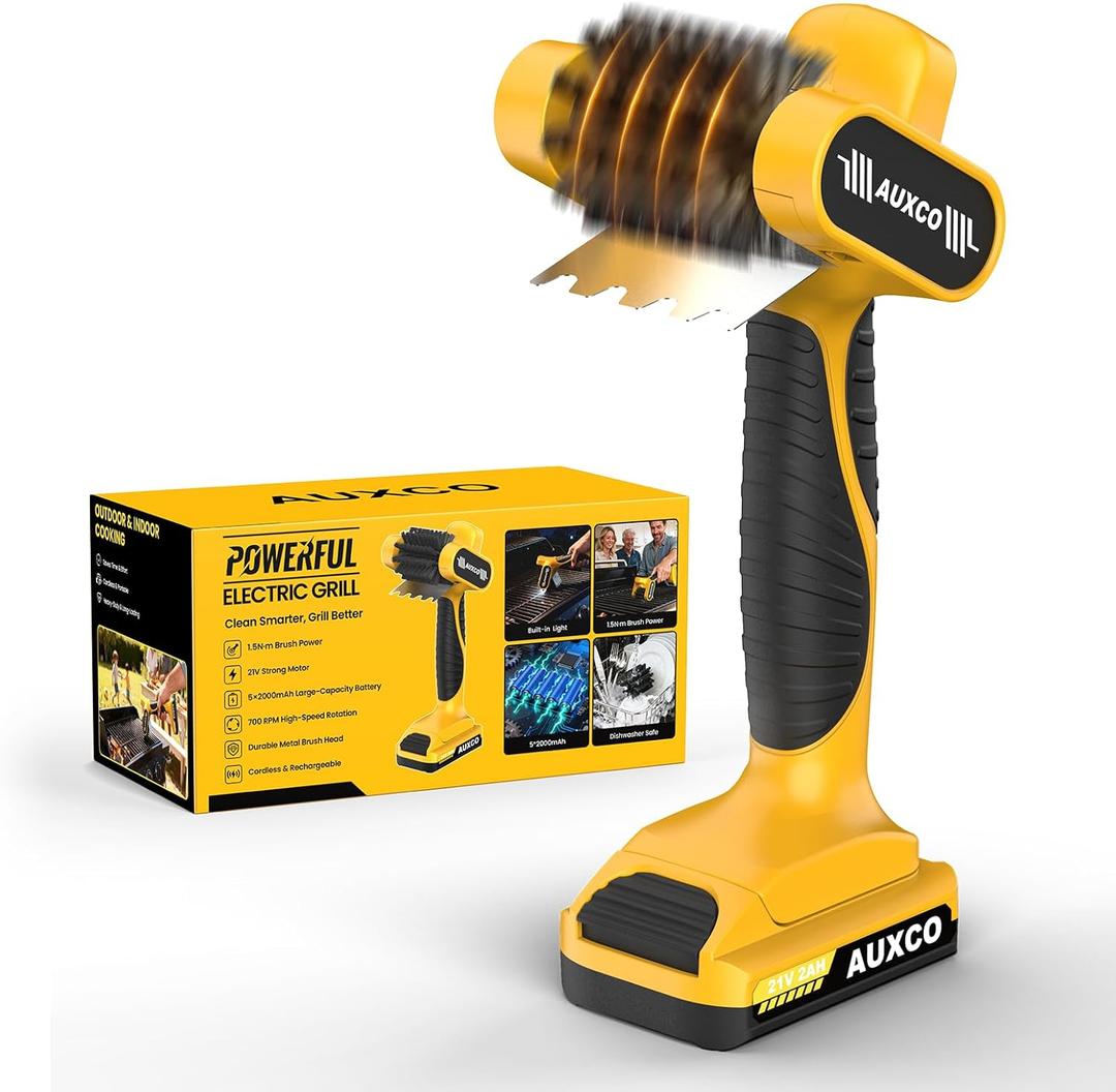 21V Electric Grill Brush, Heavy-Duty Cordless BBQ Cleaner with Stainless Steel Bristles, 90-Min RuntimeLED Light, Dishwasher Safe Head for Gas & Charcoal Grills