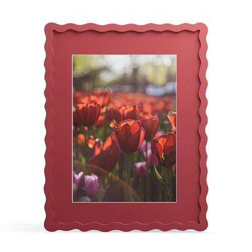 THKRLOF 11x14 Picture Frame with Mat for 8x10, Wavy Edge Wooden Real Glass Photo Frame for Wall Hanging, Red, 1 Pack