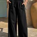 Fisoew Womens Wide Leg Casual Pants Summer Drawstring Elastic Waist Loose Cotton Pants with Pockets (Black, S)