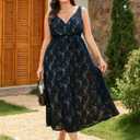 RWJ Women's Plus Size Wedding Guest Dress 2026 Floral Lace Wrap V Neck Sleeveless Formal Cocktail Party Maxi Dresses (Blue, XXL)