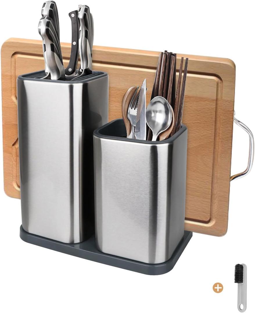 Universal Knife Block, Stainless Steel Universal Knife Holder Block Without Knives, Modern Kitchen Knife Storage Organizer for Countertop (with Cleaning Brush) (Stainless Steel/Silver)
