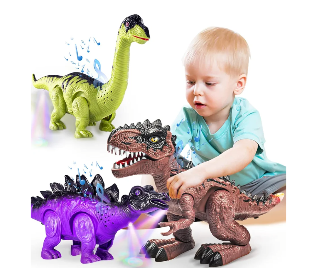 Doloowee 3 Pack Walking Dinosaur Toy for Kids 3-5/5-7 Years,Simulation Tyrannosaurus & Stegosaurus & Brachiosaurus,Electric Robot Dinosaur with LED Lights & Sounds,Dinosaur Toys for Boys and Girls