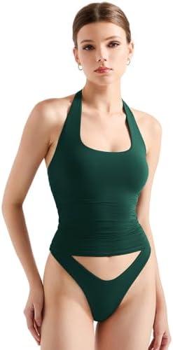 SUUKSESS Women Halter Tank Tops Double Lined Backless Y2K Trendy Going Out Tops 
(Dark Green, S)
