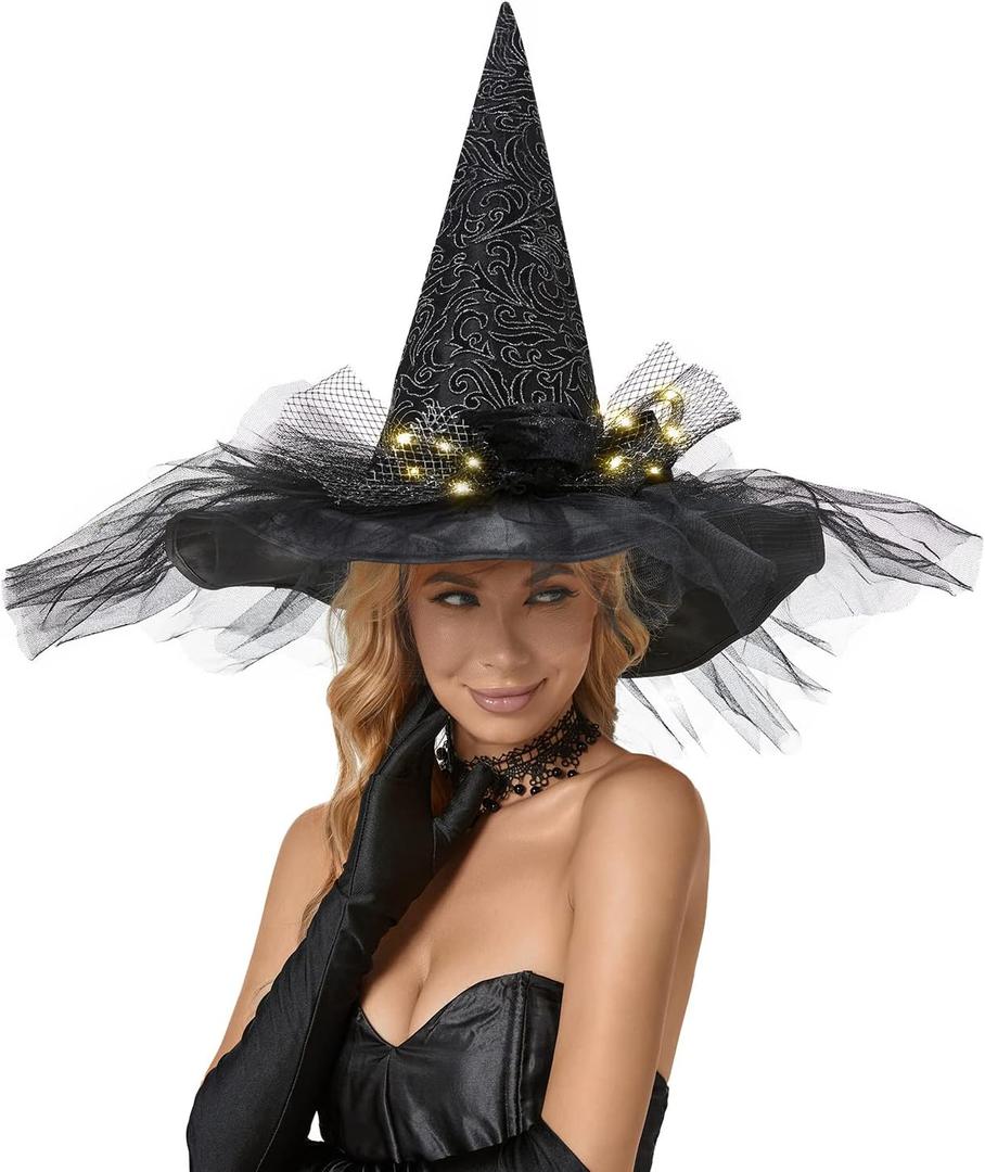 Halloween Witch Hat-Classic Black Felt Hat for Women, Girls, Party Costume Accessory(LED Glowing & Classic Versions) (Black With Chiffon-with Lights)
