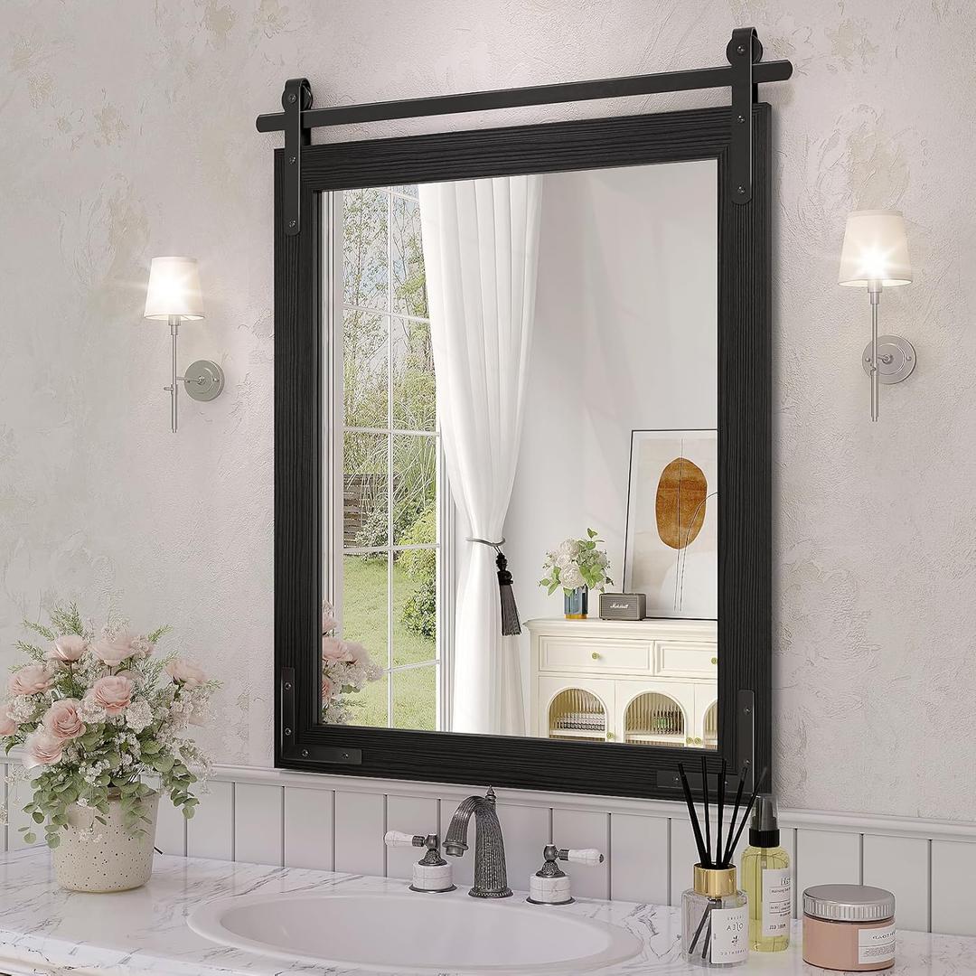 Black Farmhouse Mirror for Wall, 22x30 Inch Wood Framed Rectangle Bathroom Vanity Mirror, Barn Door Style Mirrors Decor Mirror for Living Room Bedroom Entryway