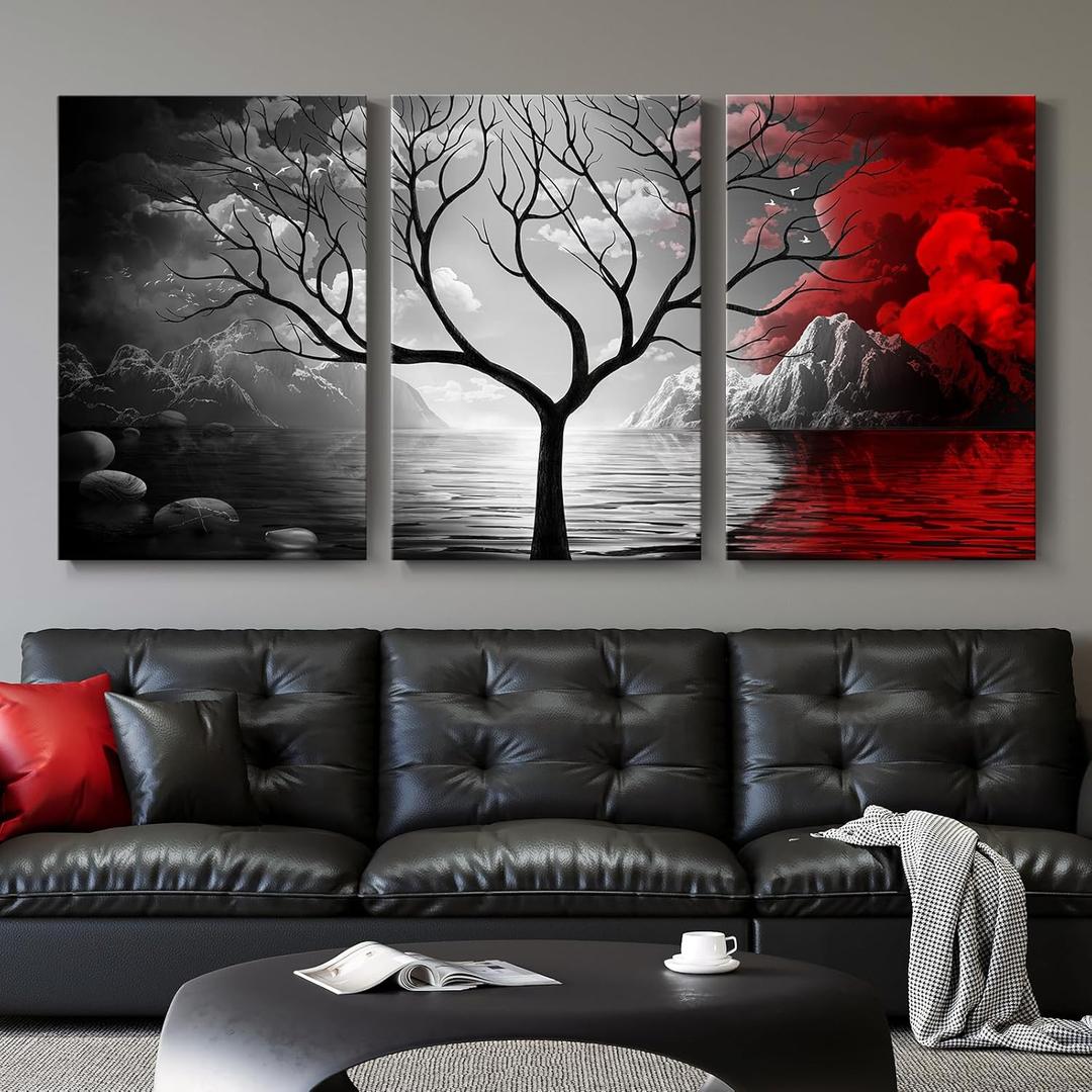 Dark Academia Canvas Art - Large Abstract Landscape, Red Cloud Tree, Perfect for Living Room or Home Office, 16x24 In