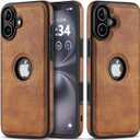 for iPhone 16 Case Luxury Leather Logo Visible Vintage Ultra Slim Protective Cover 2024 6.1 Inch (Brown)