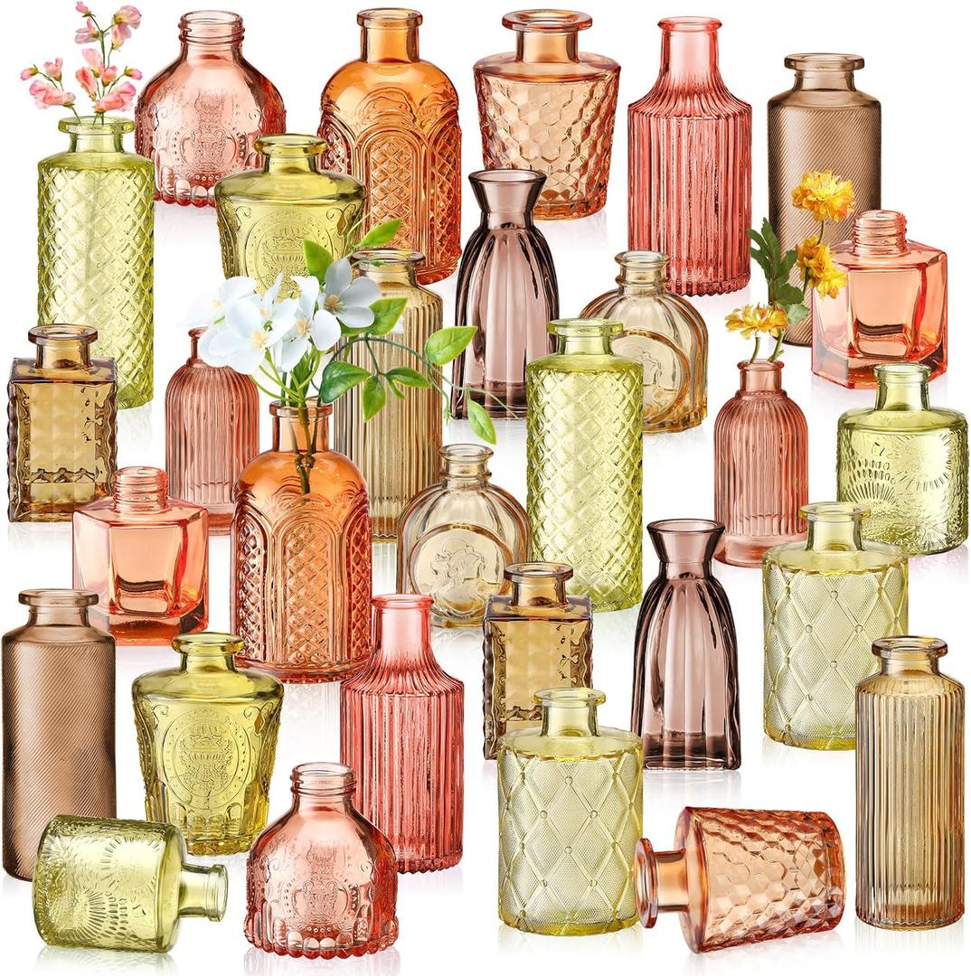 30 x Yaomiao 30 Pcs Vases Bulk Colored Flower Glass Bud Vases Valentine Vintage Colored Glass Bottles Colorful Rustic Embossed for Home Wedding Table Decorations Gifts(Orange Yellow Series)