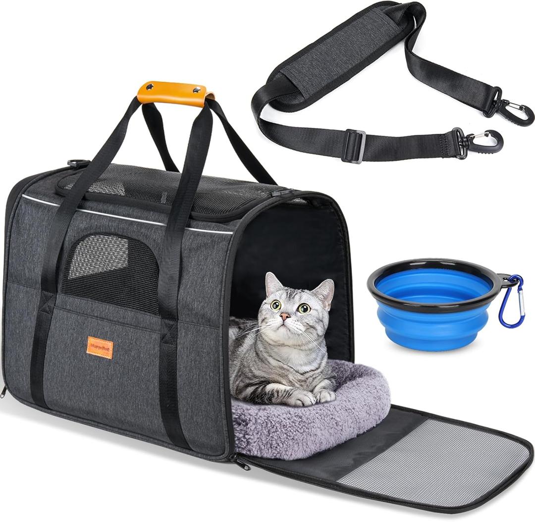 Morpilot Cat Carrier - Soft Sided Cat Carrier Large for Big Medium Cats and Puppy up to 18lbs, Pet Carrier with Safety Zippers, Foldable Bowl, Airline Approved Large Dog Carrier - Dark Gray (17.3"L x 12.2"W x 13.4"H)