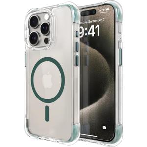 OTOFLY Compatible with iPhone 15 Pro Case, Compatible with Magsafe, Magnetic Shockproof Bumper Cover, Non-Yellowing, Anti-Scratch Clear Back, Pine Green