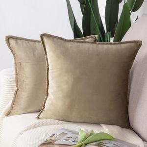 MADIZZ Set of 2 Super Soft Velvet Decorative Throw Pillow Covers 24x24 inch Light Brown Square with Fringe Luxury Style Cushion Case European Pillow Shell for Sofa Bedroom (24" x 24" (Pack of 2))
