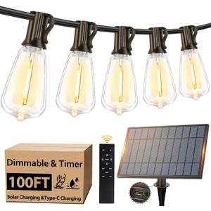 100FT Outdoor Solar String Lights with Remote, USB Rechargeable LED Patio Lights with 52 Timer Dimmable ST38 Edison Bulbs, Enhanced 5W Solar Panel Outside Hanging Lights for Porch Garden Deck Backyard