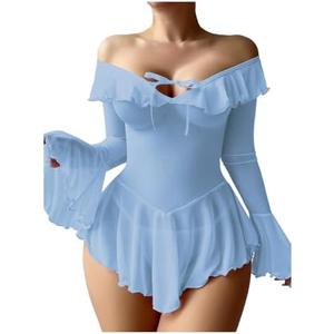 OYOANGLE Women's 2 Piece Off Shoulder Long Sleeve Ruffle Mesh Sheer Nightgowns with Thongs Babydoll Lingerie Set, Size Large