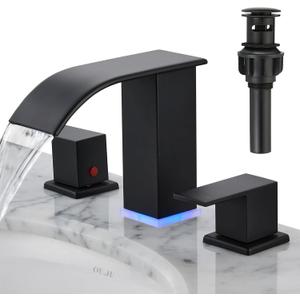 Bathroom Faucets 8 Inch Widespread Bathroom Sink Two Handles Matte Black Modern 3 Hole Waterfall Vanity Sink Faucet for 3 Hole with LED Light with Pop Up Drain