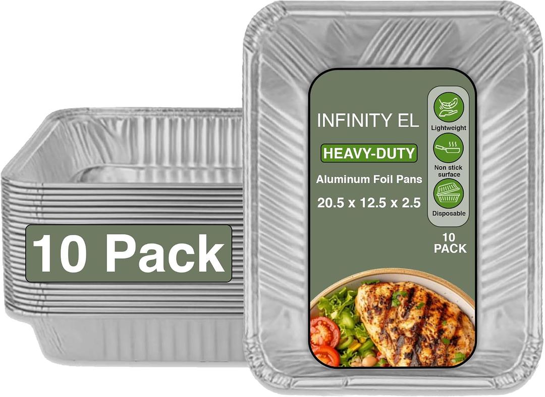 INFINITY EL 20.5" x 12.5" x 2.5" Disposable Aluminum Pans (Full Size-Medium/10 Pack) - Aluminum Serving Tray for Catering, Baking & Meal Prep - Heavy Duty Aluminum Foil Pans