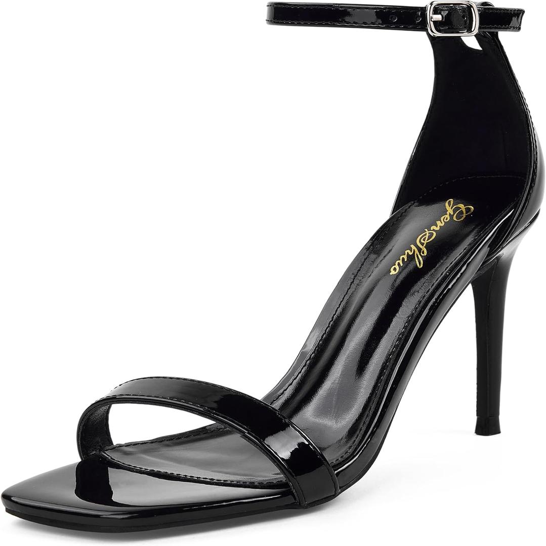GENSHUO Women's Heeled Sandals Dressy Strappy Stiletto High Heels 3 Inch Square Open Toe Ankle Strap Buckle Sexy Prom Wedding Dress Shoes Ankle Wrap (8, Patent Black)