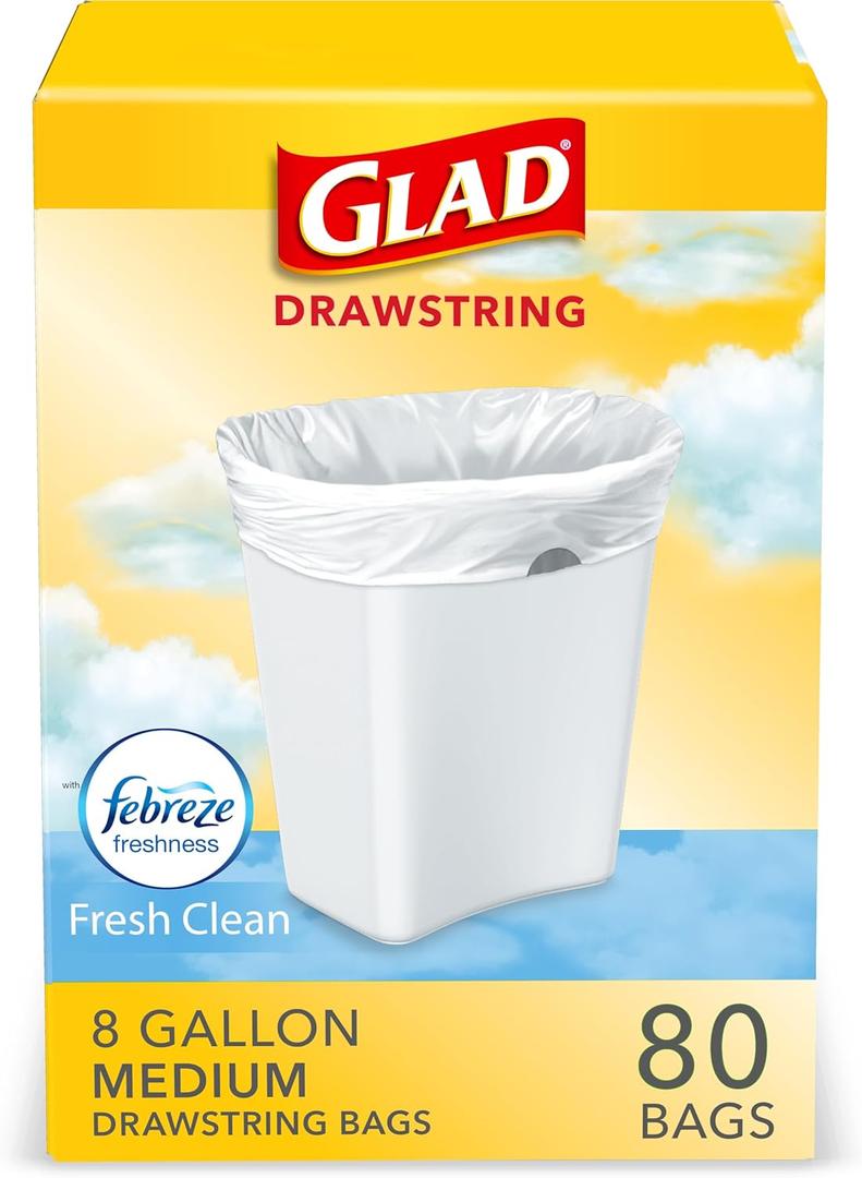Glad Medium Trash Bags, 8 Gallon, Febreze Fresh Clean Garbage Bags, With Odor Control and Drawstring, 80 Count