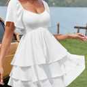 Florboom Women's Sweetheart Neckline Chiffon Dress Boho Smocked Tiered Flutter Sleeve Layered Mini Dresses (White, M)