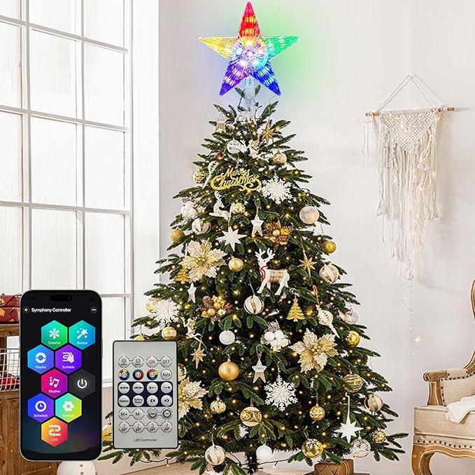 Christmas Tree Topper Star 7" LED Lighted Star Tree Top w/Remote Control, 5Point Star RGB Night Light Treetop, Small Xmas Tree Decor for Christmas, USB Plug in/Wire 9.84Ft