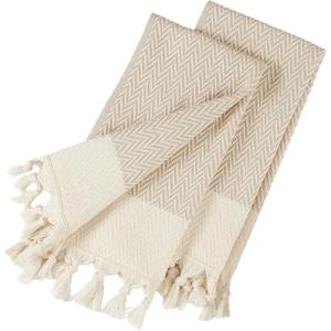 sea me at home Kitchen Hand Towels with Boho Design, Set of 2, Dish Towels for Kitchen, 100% Cotton Turkish Hand Towels for Bathroom (14 x 30 Inches, Beige)