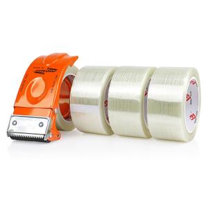 BOMEI PACK 4 Rolls Mono Filament Strapping Tape with Dispenser,2 Inch x 30 Yards,Heavy Duty Transparent Reinforced Fiberglass Tape,Filament Tape for Packing,Total 120 Yards
