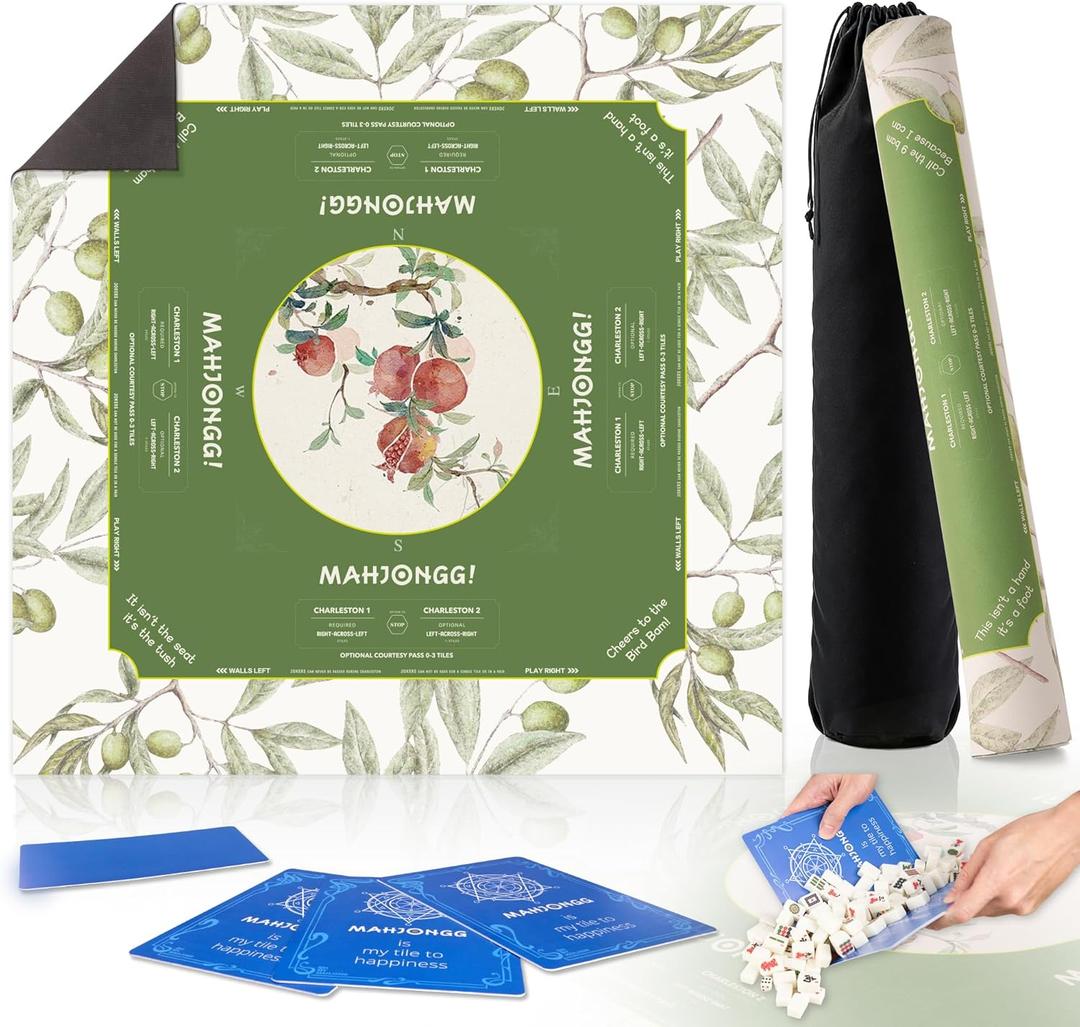 HWZ Mahjong Mat with 4 Professional Tile Mixers & Storage Bag, 31.5x31.5 Inch, 3.5mm Thick Waterproof Noise-Reducing Game Mat for American Mahjong, Cards More, Olive Green