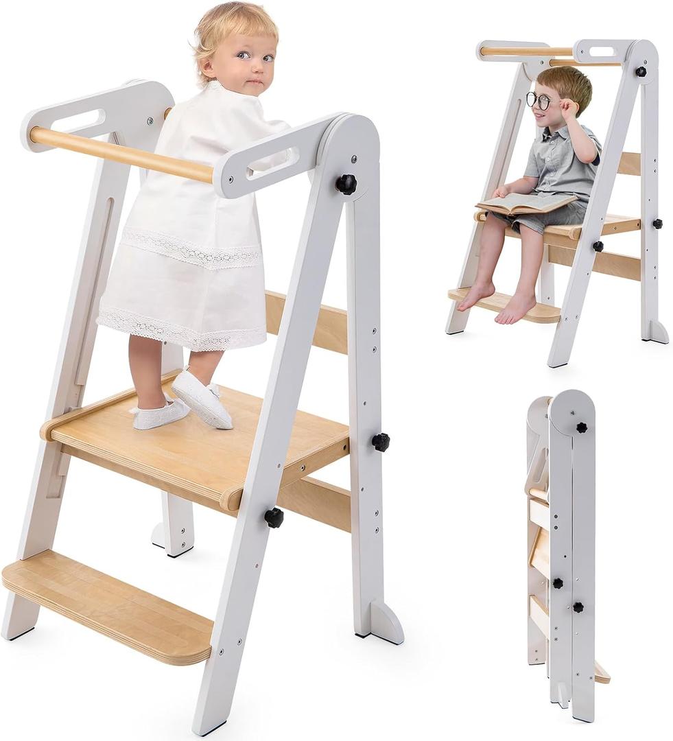 Foldable Toddler Tower, Kitchen Stool Helper, Standing Tower with 3 Adjustable Heights and Non-Slip-Strips, Kitchen Tower for Kids 1.5-6 Years, Montessori Stool for Counter Sink (White)
