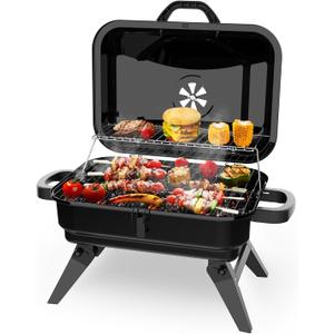 Portable Charcoal Grill with Warming Rack, Small Tabletop Barbecue Grill, Foldable Legs, Adjustable Vent, Total 343 Sq. In.Cooking Space, Outdoor BBQ Grill for Camping and Picnics (Black)