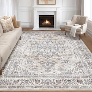 7x9 Area Rug Living Room: Washable Boho Large Neutral Vintage Soft Rugs Stain Resistant Farmhouse Non Slip Indoor Floor Carpet for Bedroom Nursery Kids Playroom Office Dining Room- Ivory Gray