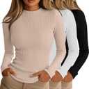 Riyiper 3 Pack Women's Ribbed Shirts, Mock Turtleneck Long Sleeve Tops Slim Fitted Undershirts Casual Basic Layering Tees (Medium, Black, White, Cream)