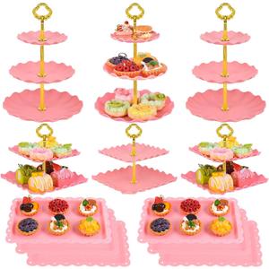 12-Pack Dessert Table Display Set, 6 Cupcake Stands and 6 Dessert Trays, Plastic Dessert Display Stands and Cake Stand, Treat Table Displays Set for Wedding, Baby Shower, Tea Party (Pink)