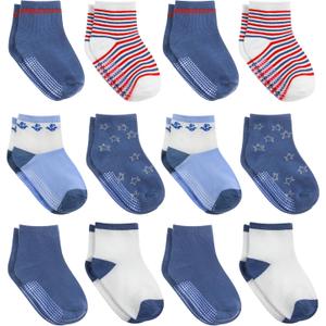 Debra Weitzner Toddler Socks With Grips - 12 Pairs Crew Cotton Grip Socks for Baby Boys Girls Infant's and Kids 6-12 Months 