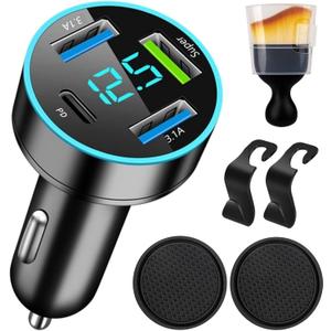 88W Car Charger Super Fast Charging Cigarette Lighter USB Phone Accessories Charger Voltmeter Adapter with QC USB c Type c PD Universal Quick Charge Multi 4 Port for 12-24v Car Cigarette Lighter Plug