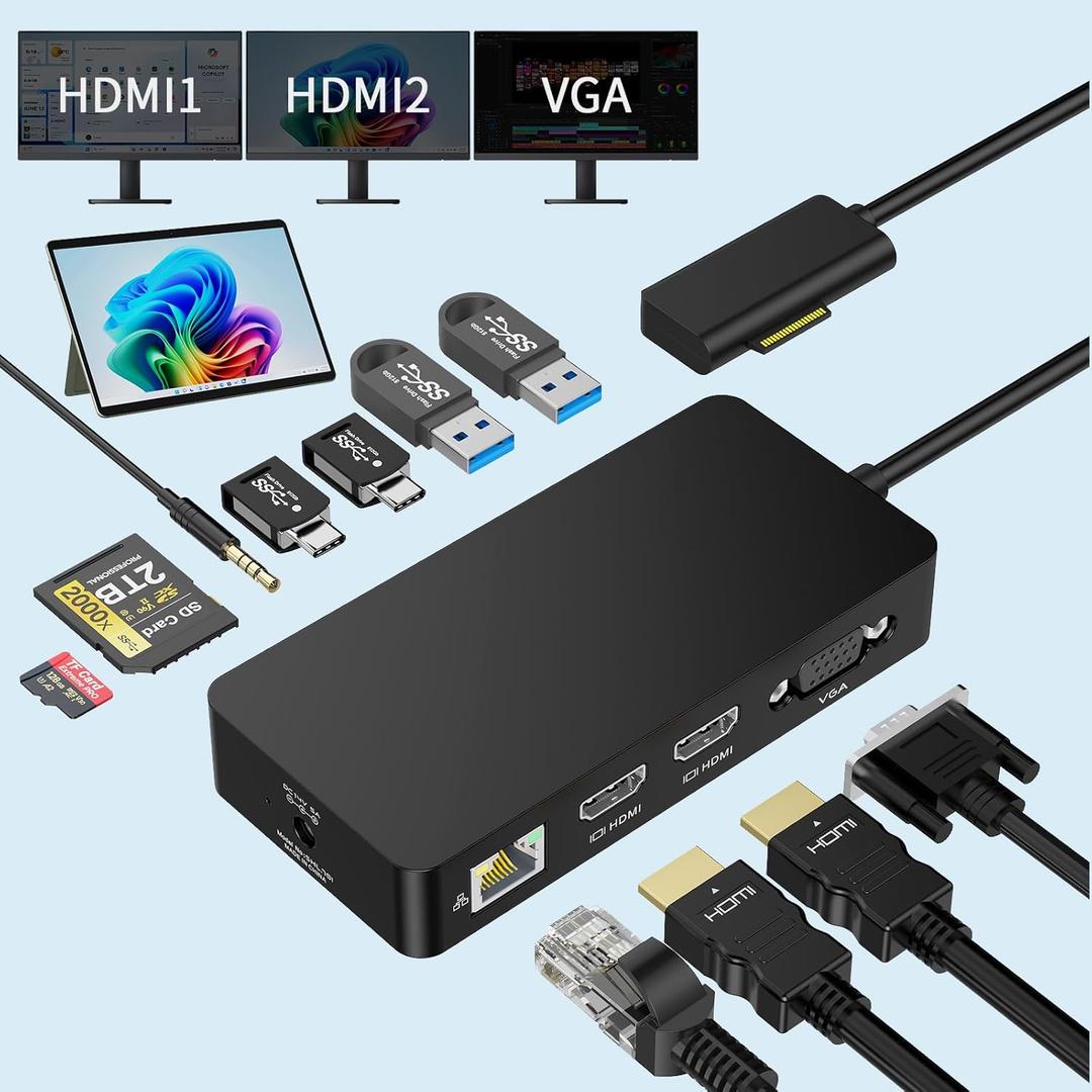 12 in 1 Dock Triple Displays Dual HDMI+VGA with Power Adapter, Docking Station for Pro 11/10/9/8/X/7/6/5/4, Laptop Go/7/6/5/4/3/2/1,Book (Black)