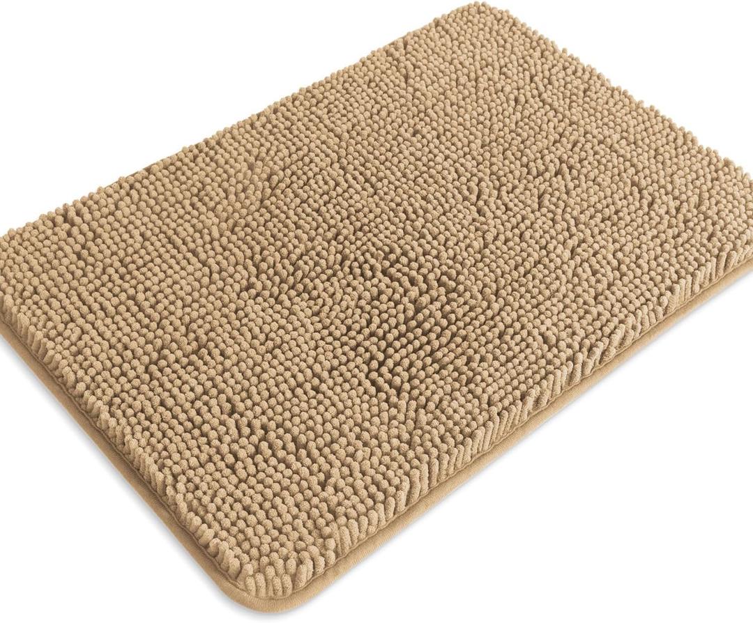 Beige Bathroom Rugs  Absorbent and Washable Bath Mat, Non-Slip, Thick Soft Chenille Bath Rugs for Bathroom Floor, Shower, Sink - 17" x 24"