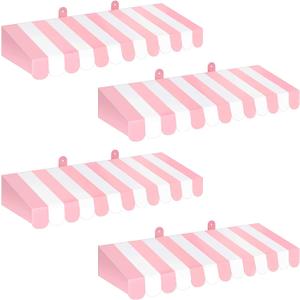 Boao 4 Pack Pink Circus Awning Decoration 3D Pink and White Stripe Cardboard Awning Bulletin Board Wall Decor Sweet Ice Cream Party Favors for Lemonade Stand Truck Bulletin Board