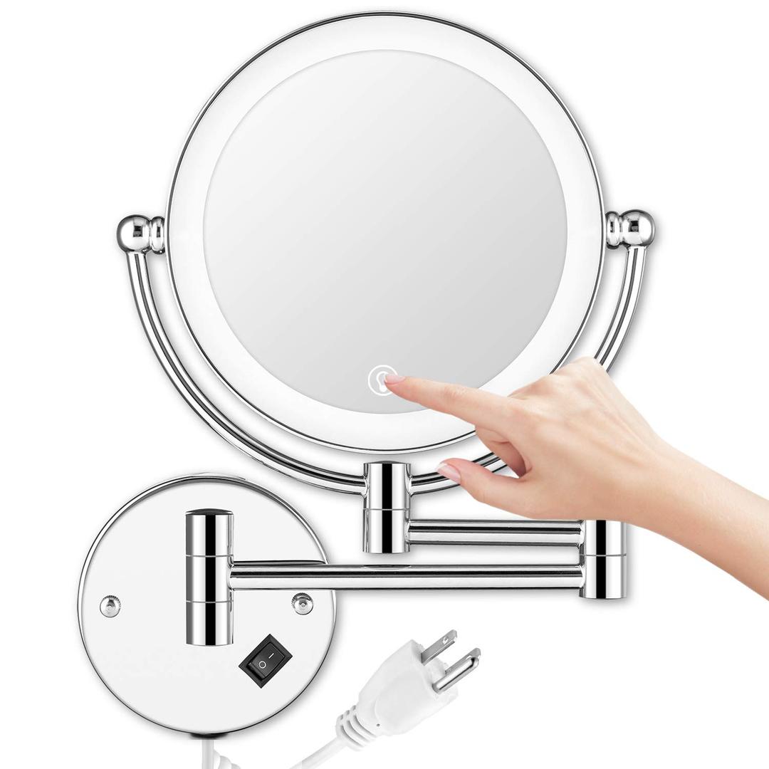 Wall Mounted Lighted Makeup Mirror, 8 Inch Double-Sided 1X 5X Magnifying Mirror for Bathroom, 11'' Extendable Arm, 360 Swivel, Touch DimmableLED Lights, Powered by Plug in, Chrome