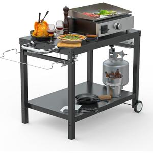 LS'BABQ Outdoor Grill Table Cart, Pizza Oven Stand, BBQ Prep Table with Trash Bag Holder Wheels & Hooks, Double-Shelf Movable Food Prep and Work Stand, Powder-Coated Steel Flattop Grill Cart