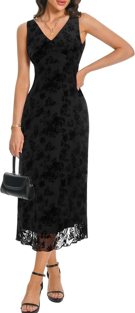 Women's Sexy V Neck Sleeveless Mesh Maxi Dresses Summer Casual Elegant Long Floral Dress Wedding Guest Cocktail Party, S