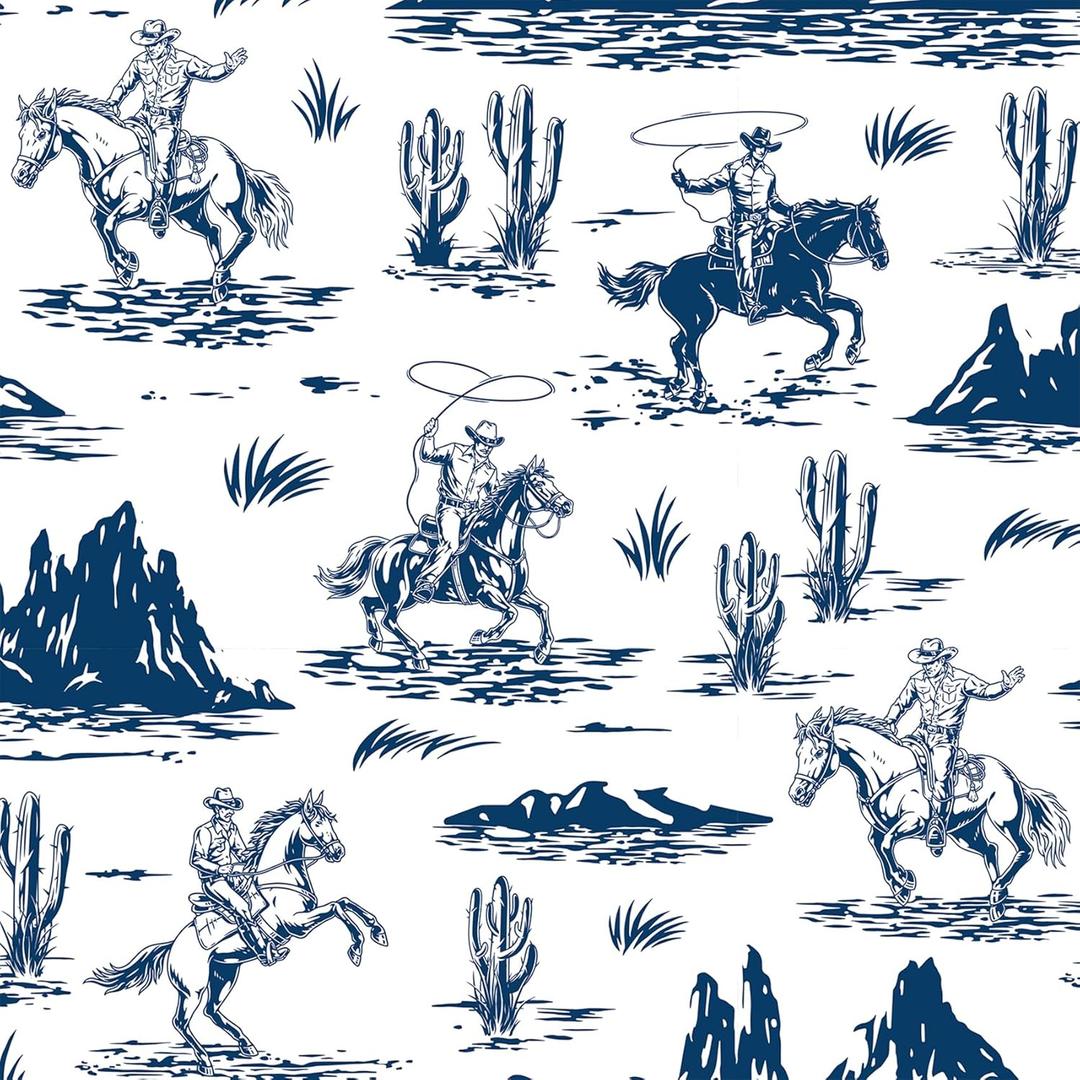 Livelynine 17.5x276 Western Cowboy Peel and Stick Wallpaper Vintage Country Farmhouse Dark Blue and White Wall Paper for Bathroom Bedroom Wild West Cottage Core Cowgirl Mural Removable Contact Paper